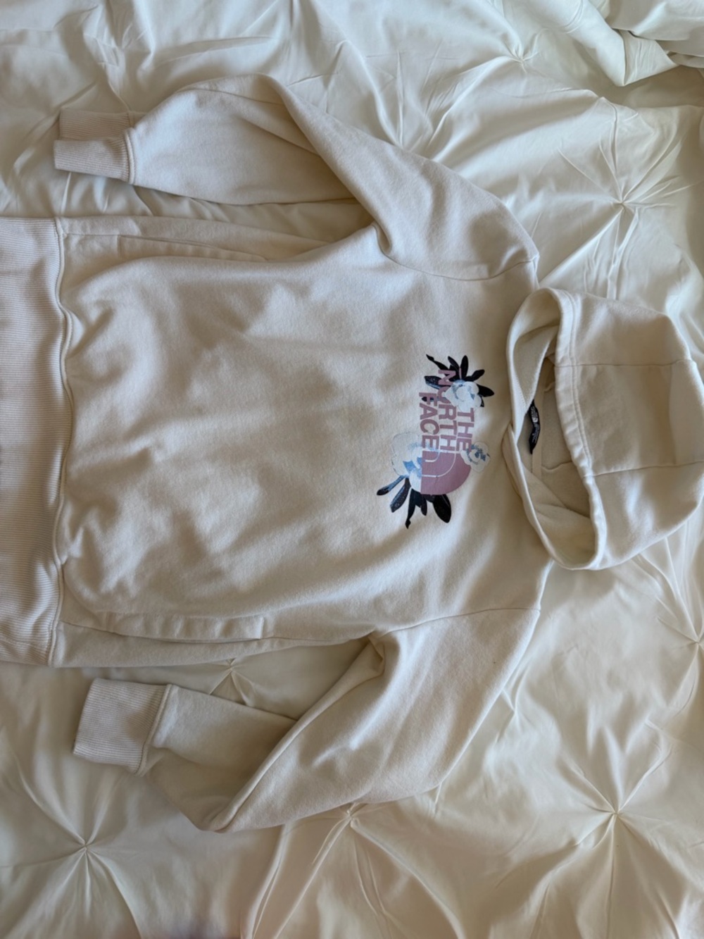 The North Face Cream Hoodie with Pastel Multicolor Logo